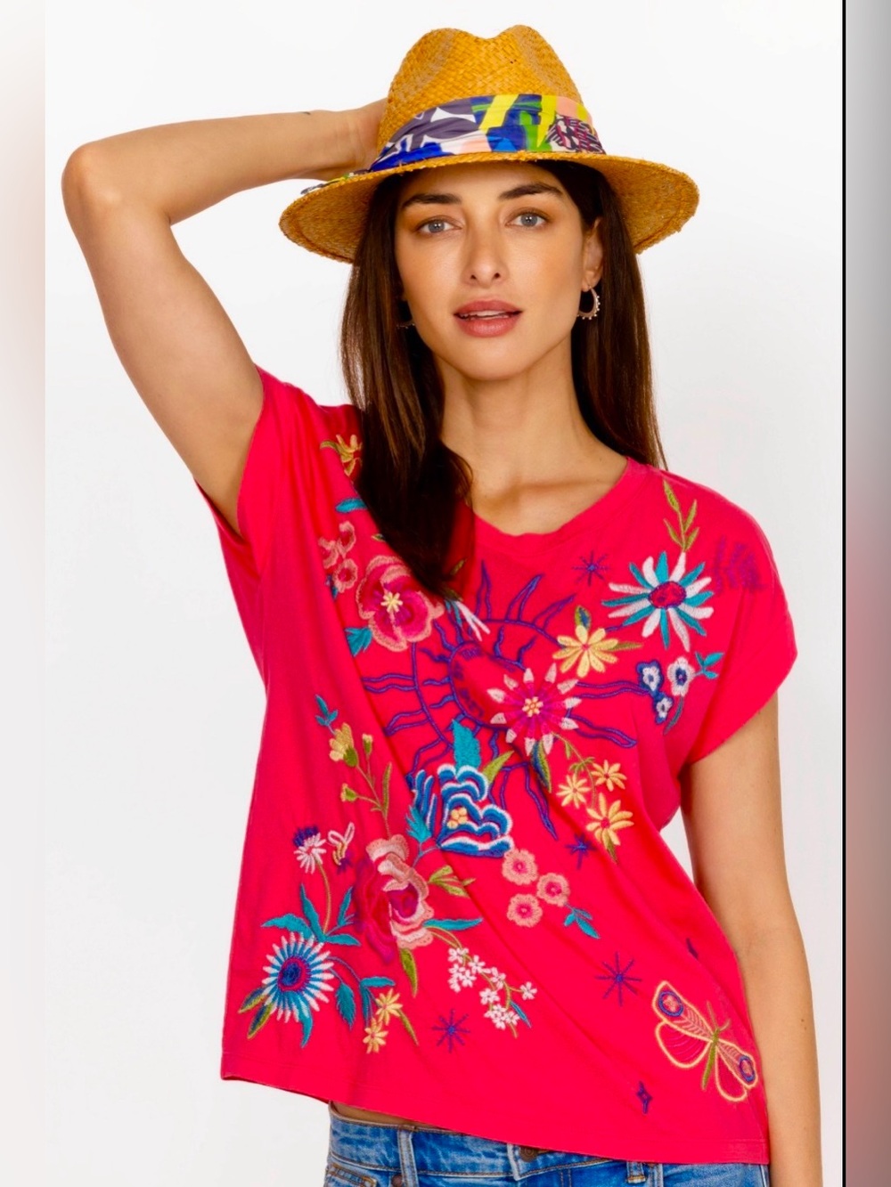 Johnny Was Red ARLA RELAXED T‑SHIRT Embroidered Floral Short Sleeve Tee Medium
